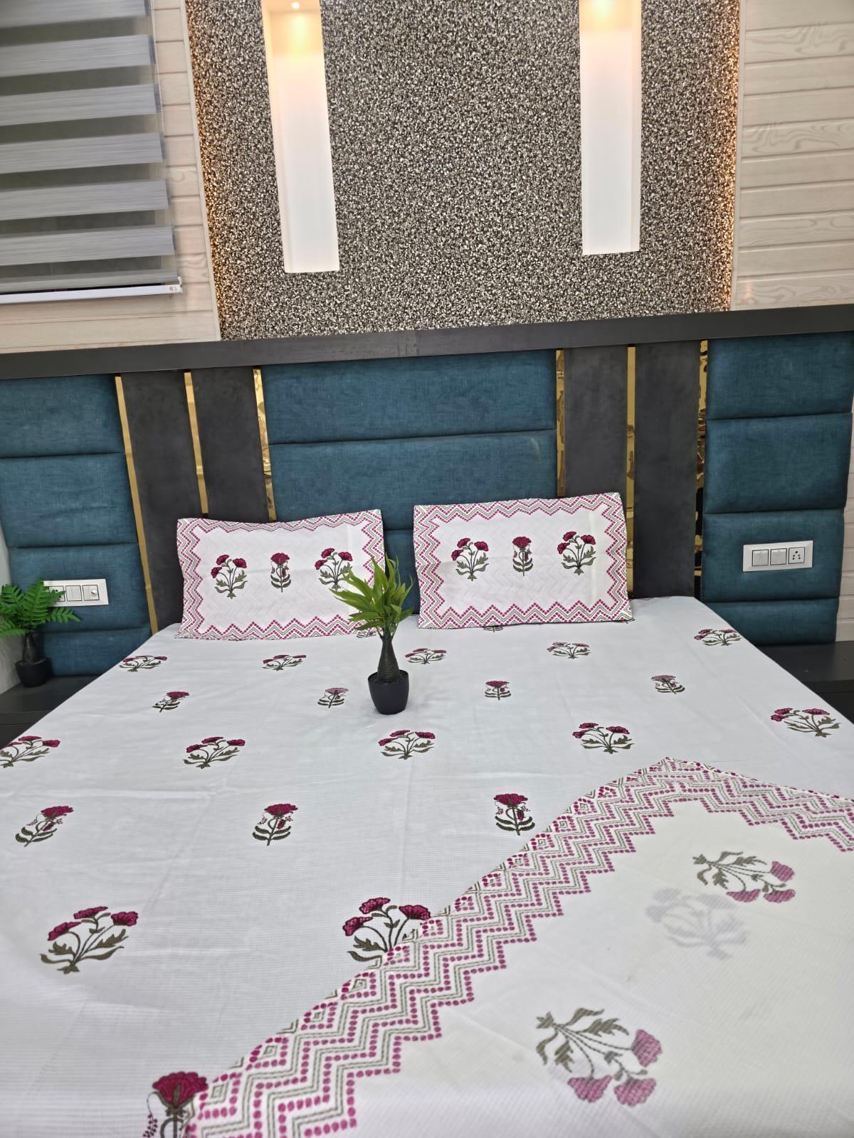 Premium Hand Block Printed Cotton Waffle Bedcover Set