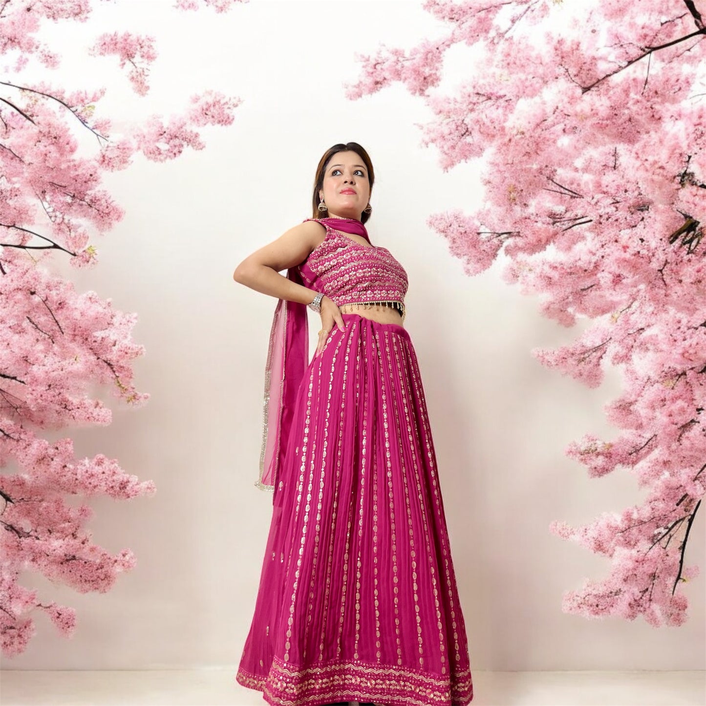 BARBIE PINK SEQUENCE CROP TOP LEHENGA SET