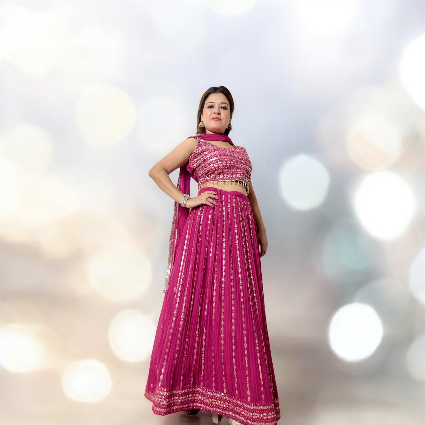 BARBIE PINK SEQUENCE CROP TOP LEHENGA SET