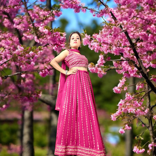 BARBIE PINK SEQUENCE CROP TOP LEHENGA SET