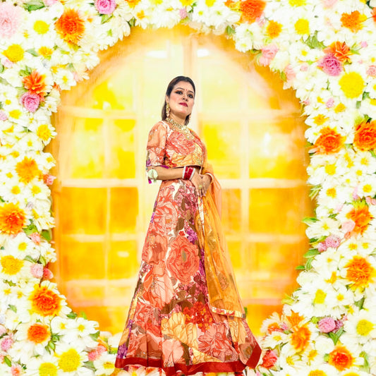 ORANGE FLORAL DESIGNER LEHENGA