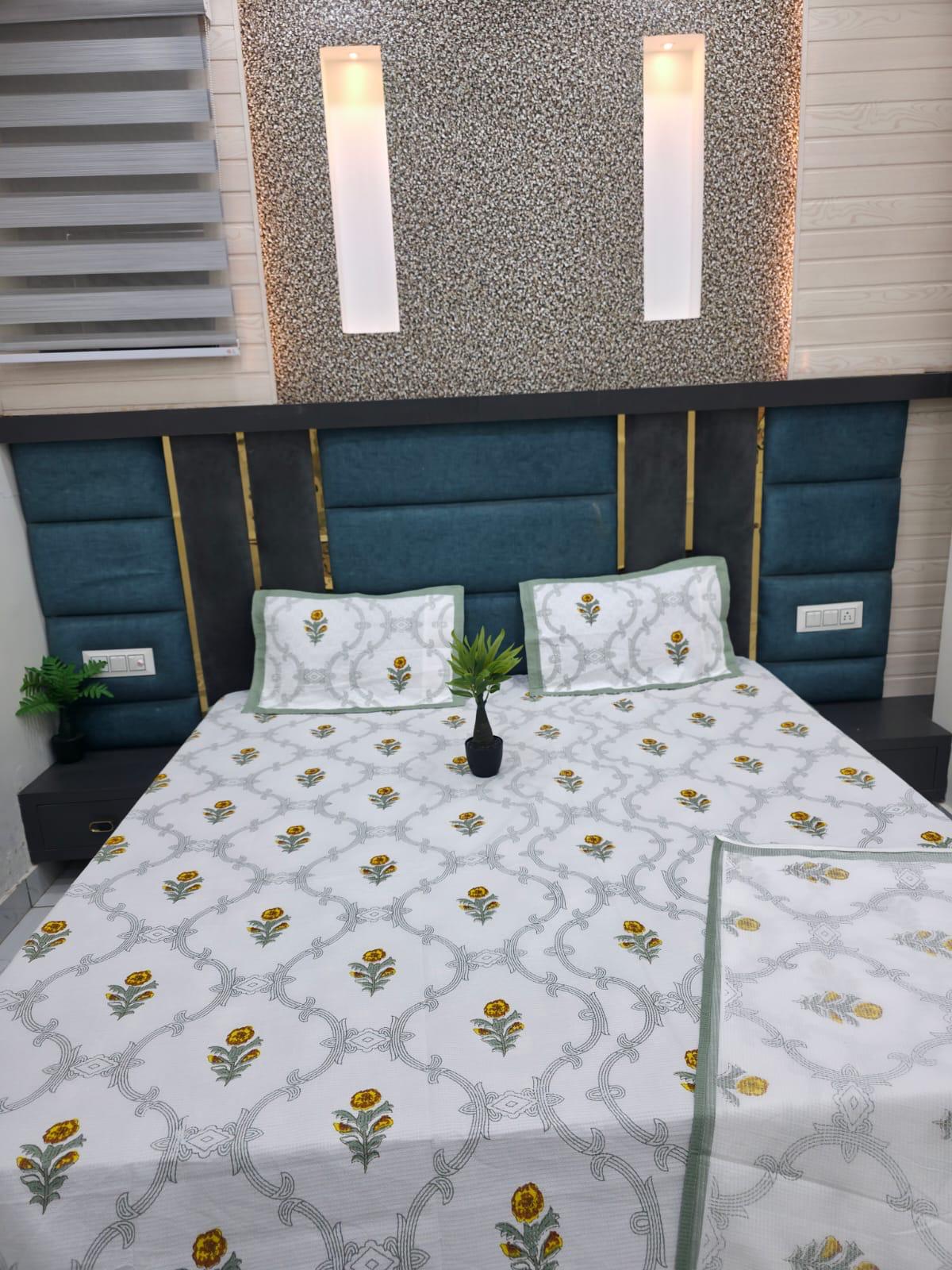 Premium Hand Block Printed Cotton Waffle Bedcover Set
