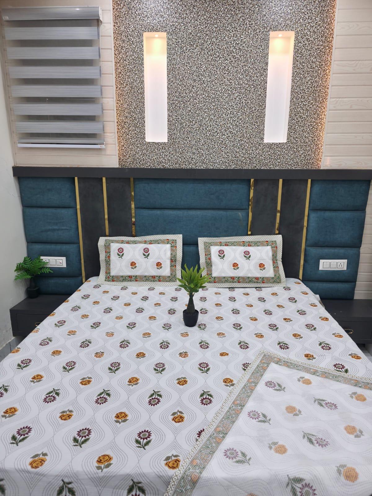 Premium Hand Block Printed Cotton Waffle Bedcover Set